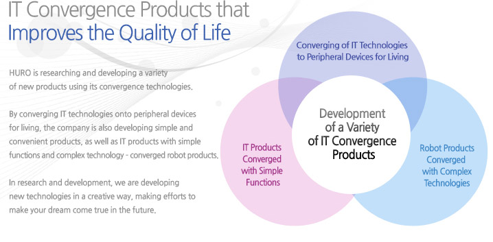  Dveelopment of a variety of IT convergence products- Converging of IT Technologies to peripheral devices for lving + IT products converged with simple functions + Robot products converged with complex technologies 